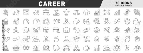 Career line icon set about job promotion, growth, goals, targets, performance, leadership, management, strategy, recruitment, resume, success, hiring; editable stroke