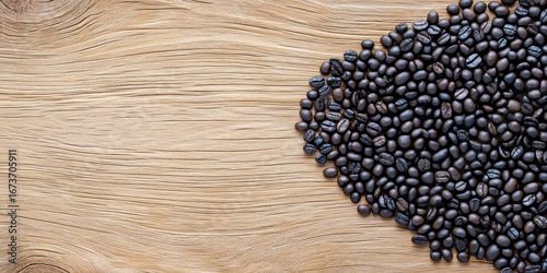 A close-up of dark roasted coffee beans scattered on a wooden surface, showcasing texture and color contrast.