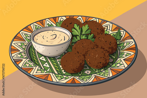 Crispy golden falafel balls, drizzled with creamy tahini, on a beautifully patterned plate, a delicious Middle Eastern delight.