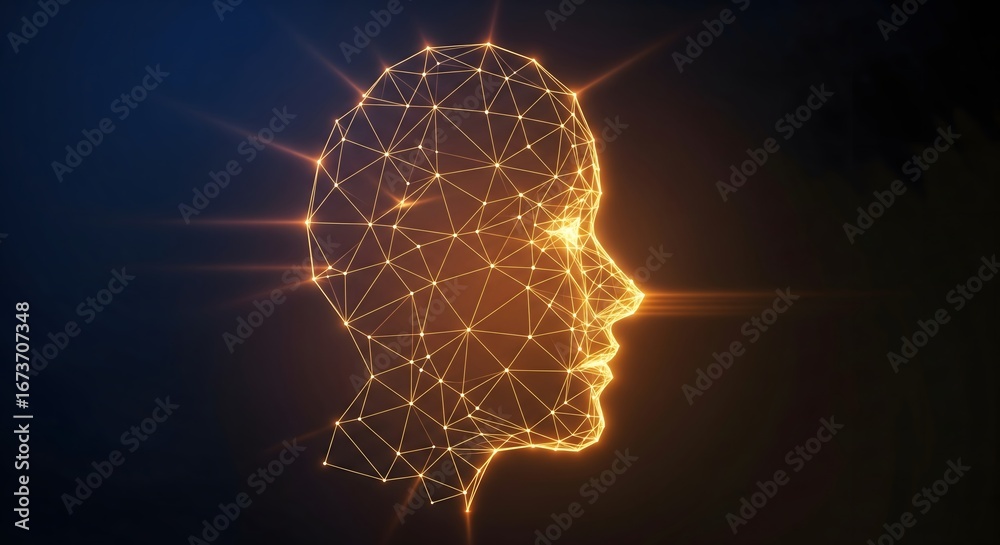 Obraz premium Polygonal head illustration representing artificial intelligence and digital network concept.