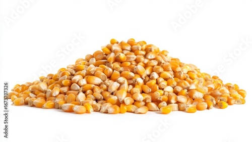 Golden corn kernels on white background. AI image