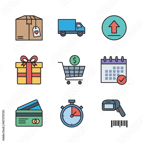 E-commerce icons represent purchasing shipping tracking planning delivery