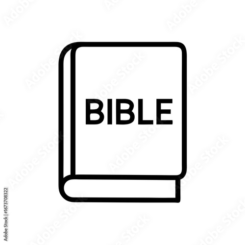 Minimalist black outline vector icon of a Bible book, symbolizing religion, faith, and spirituality. Isolated on a transparent background