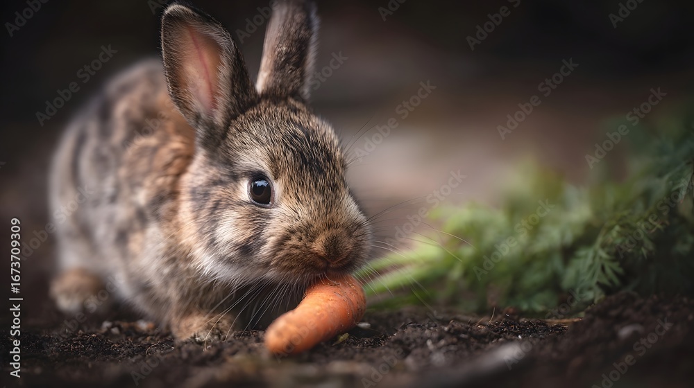 Fototapeta premium Rabbit enjoying a carrot in a lush garden setting