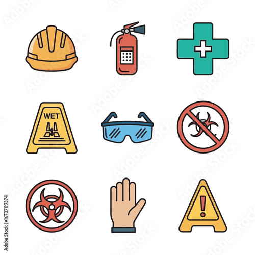 Safety equipment protect worker flat design presentation background