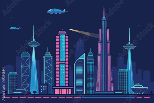 A breathtaking, ultra-modern metropolis with towering neon-lit skyscrapers reaching into a vibrant, twilight sky.
