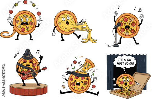 Funny cartoon pizza characters performing on stage, juggling, singing, playing guitar, stretching cheese, musical comedy food art, animated slices