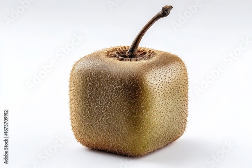 A unique, modified kiwi fruit with a cubical shape and textured surface, set against a plain white background, highlighting its unusual geometry