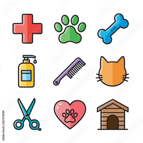 Colorful vet icons represent pet care in simple design