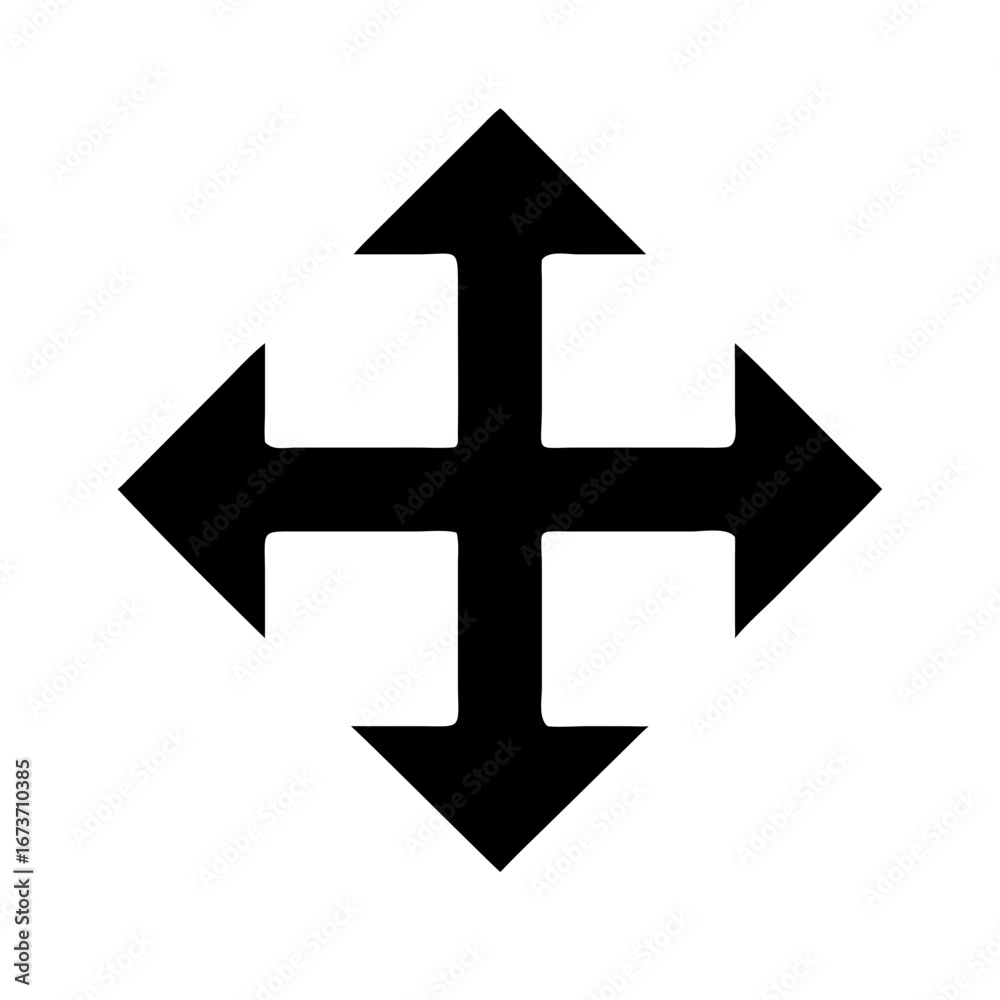 Minimalist black silhouette vector icon of a four-way arrow, symbolizing direction, navigation, and movement. Isolated on a transparent background Minimalist black silhouette vector icon of a four-way arrow, symbolizing direction, navigation, and movement. Isolated on a transparent background