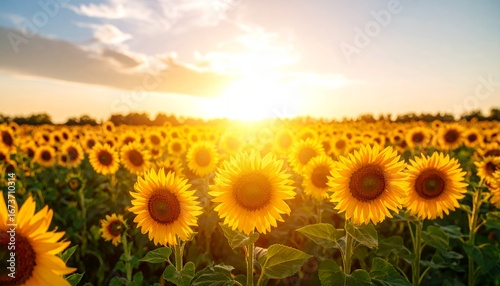 夕日のひまわり畑の広がり