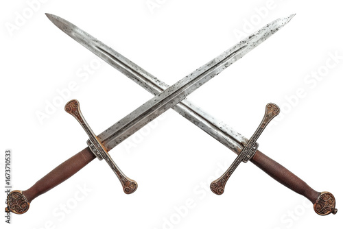 Intricately designed medieval swords crossed in a symbolic display, showcasing craftsmanship and history, perfect for a collector's showcase isolated on transparent background