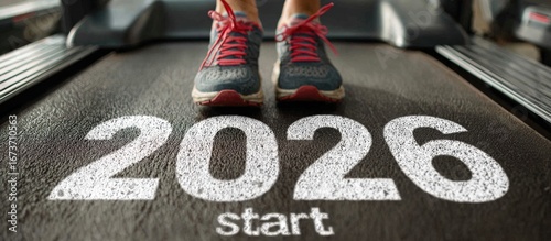 A person jogs on a treadmill, focused on their fitness journey. The year 2026 is displayed on the machine, symbolizing new beginnings and resolutions for the new year