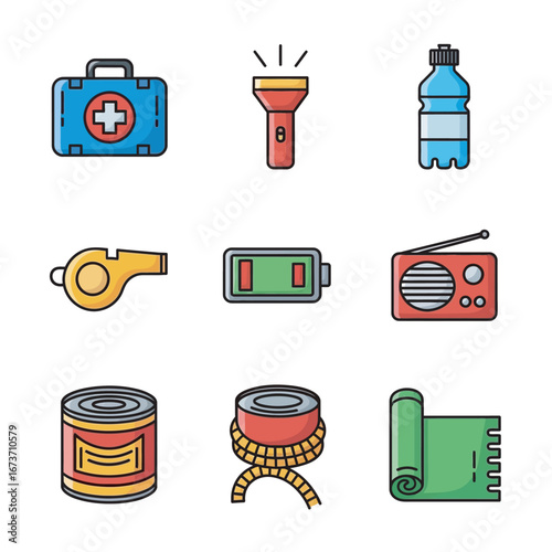Survival icons depict emergency preparedness on white background