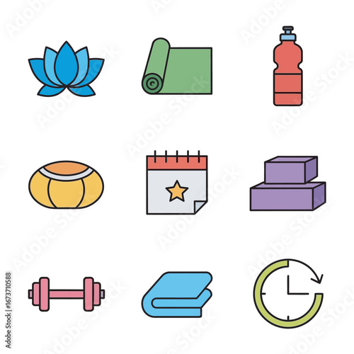Fitness icons depict exercise workout scene training activities schedule