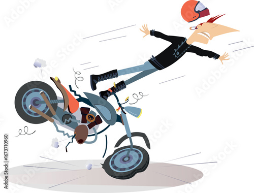 Road accident. Broken motorcycle. 
Biker man in shock. Young driver man flies out from the crashed motorcycle
