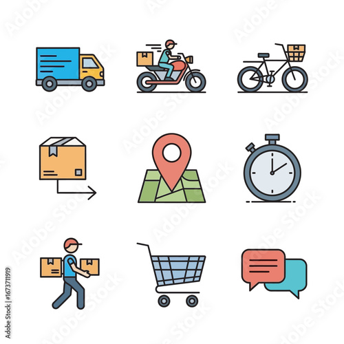 Delivery icons illustrate transport distribution service concept design
