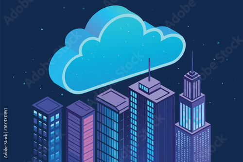 A colossal, ethereal data cloud, emitting vibrant, holographic light, drifts serenely above a futuristic, neon-drenched cityscape at twilight.