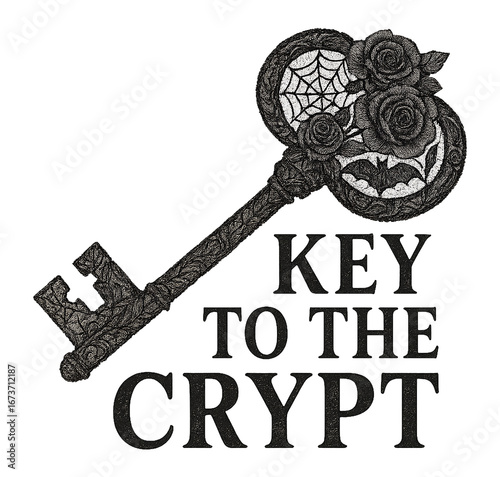 vintage key illustration with lace floral pattern decorated with roses bats and cobwebs in gothic halloween style with phrase key to the crypt on dark background concept of apparel design concept of h