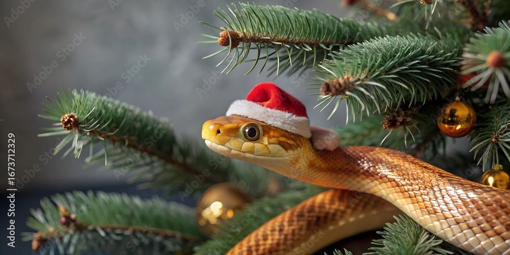 Fototapeta premium Unique Christmas tree decoration featuring a snake wearing a festive hat in dark green tones christmas tree, snake, decoration, holiday, green tones, festive, winter, nature, animal, unusual, golden o