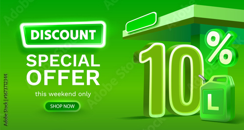 Discount on a canister of gasoline liters, 10 percent discount on liters. Vector illustration