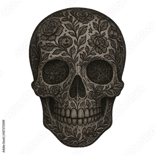 skull illustration with lace floral gothic pattern decorated with roses and cobwebs in halloween style on dark background concept of apparel design concept of holiday decor
