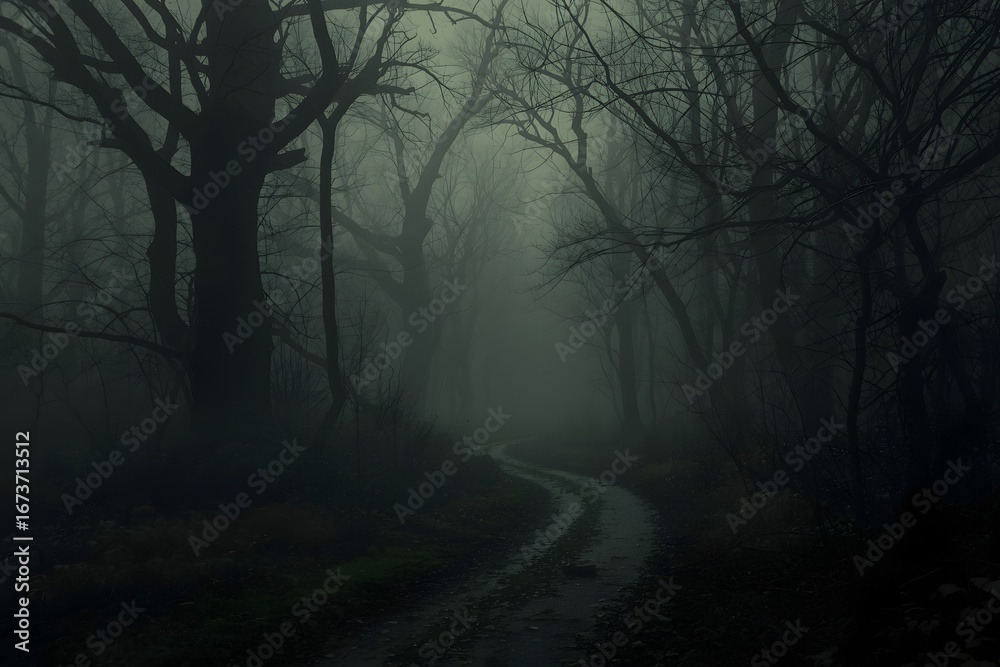Fototapeta premium Dark scary landscape with a path surrounding by trees and fog.