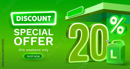 Discount on a canister of gasoline liters, 20 percent discount on liters. Vector illustration