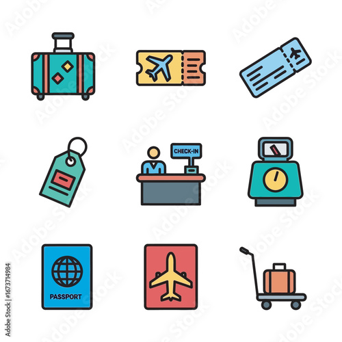 Travel icons display elements promoting tourism transportation services