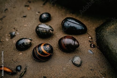 Several dark-colored, smooth shells rest on wet sand, next to rocks