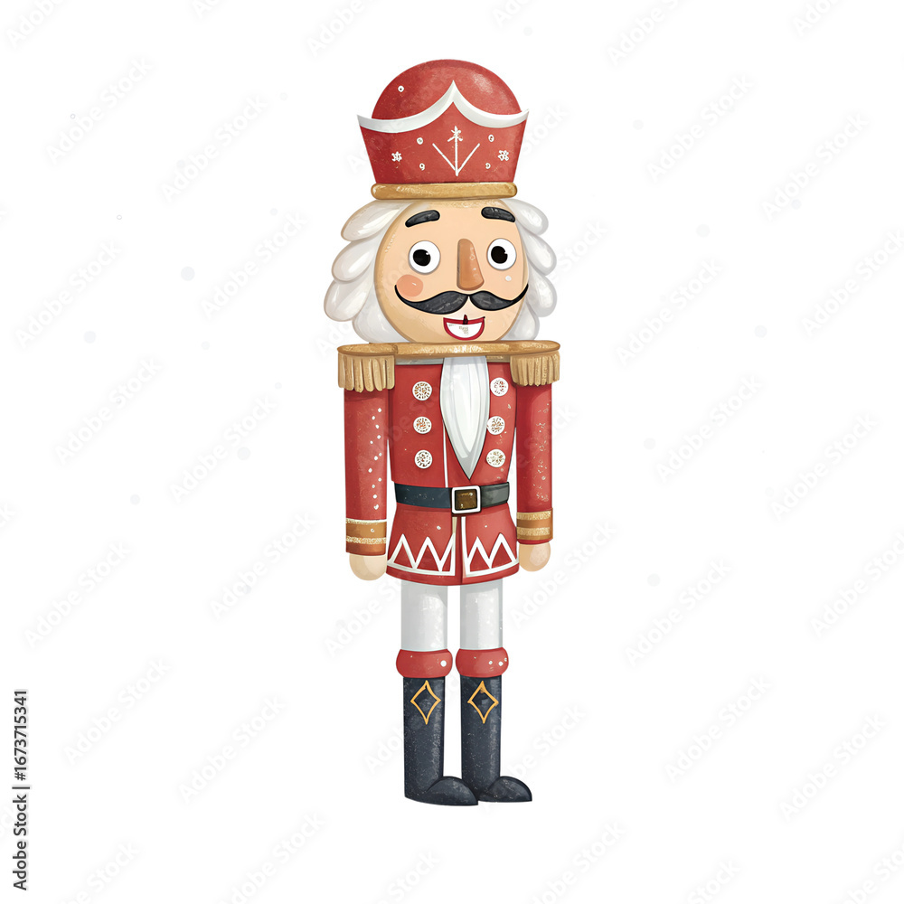 Obraz premium Nutcracker figure standing upright against a white background for festive decor nutcracker, festive decor, holiday figure, traditional toy, red uniform, decorative object, christmas decoration, wooden