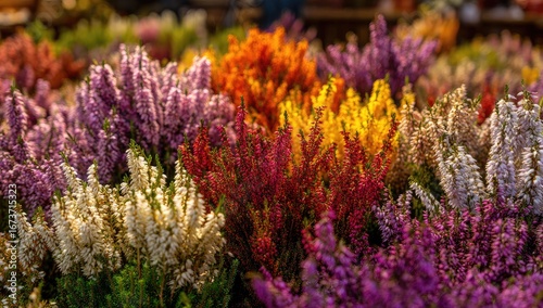 Colorful heather display.  A vibrant collection of  heather flowers in various shades of orange, pink, purple, yellow, and white.  Close-up view of bunches