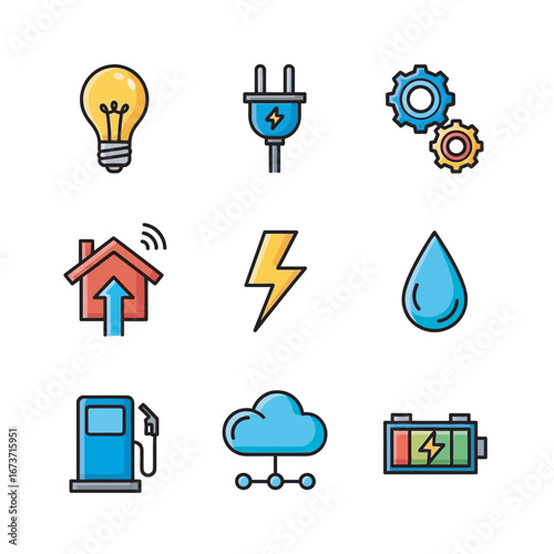 Energy icons representing electricity supply sources power smart building