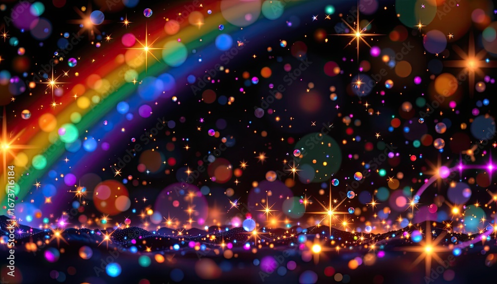 Fototapeta premium Colorful Abstract Background with Rainbow, Bokeh Lights, and Twinkling Stars on Dark Night Sky