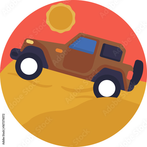 Offroad car navigating dunes with large tires and sturdy suspension.
