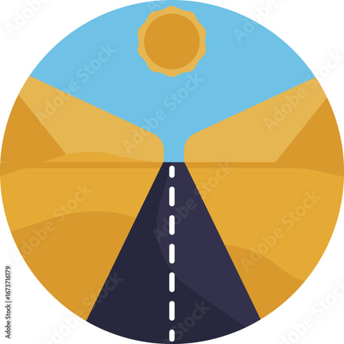 A long, straight road stretching across a barren desert landscape.