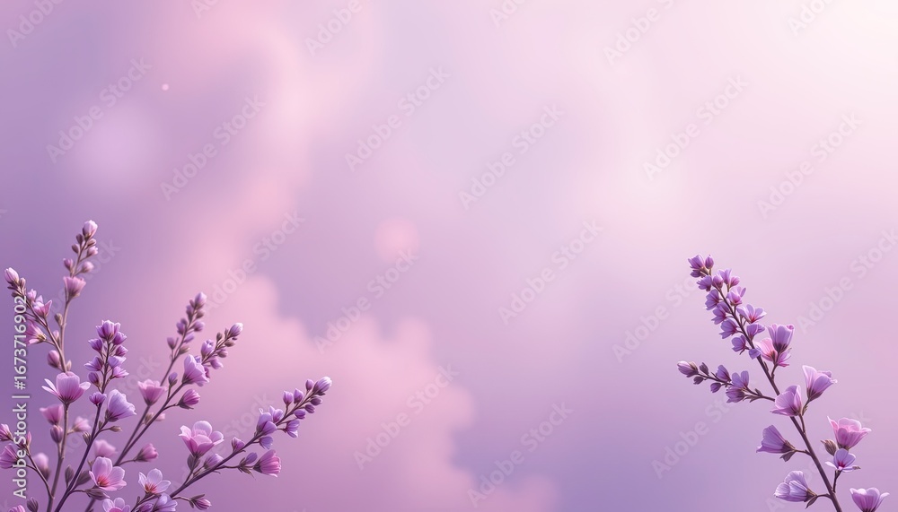 Obraz premium Delicate Purple Flowers Under Soft Dreamy Sky with Gentle Hues in a Serene Atmosphere
