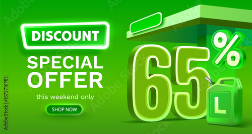 Discount on a canister of gasoline liters, 65 percent discount on liters. Vector illustration
