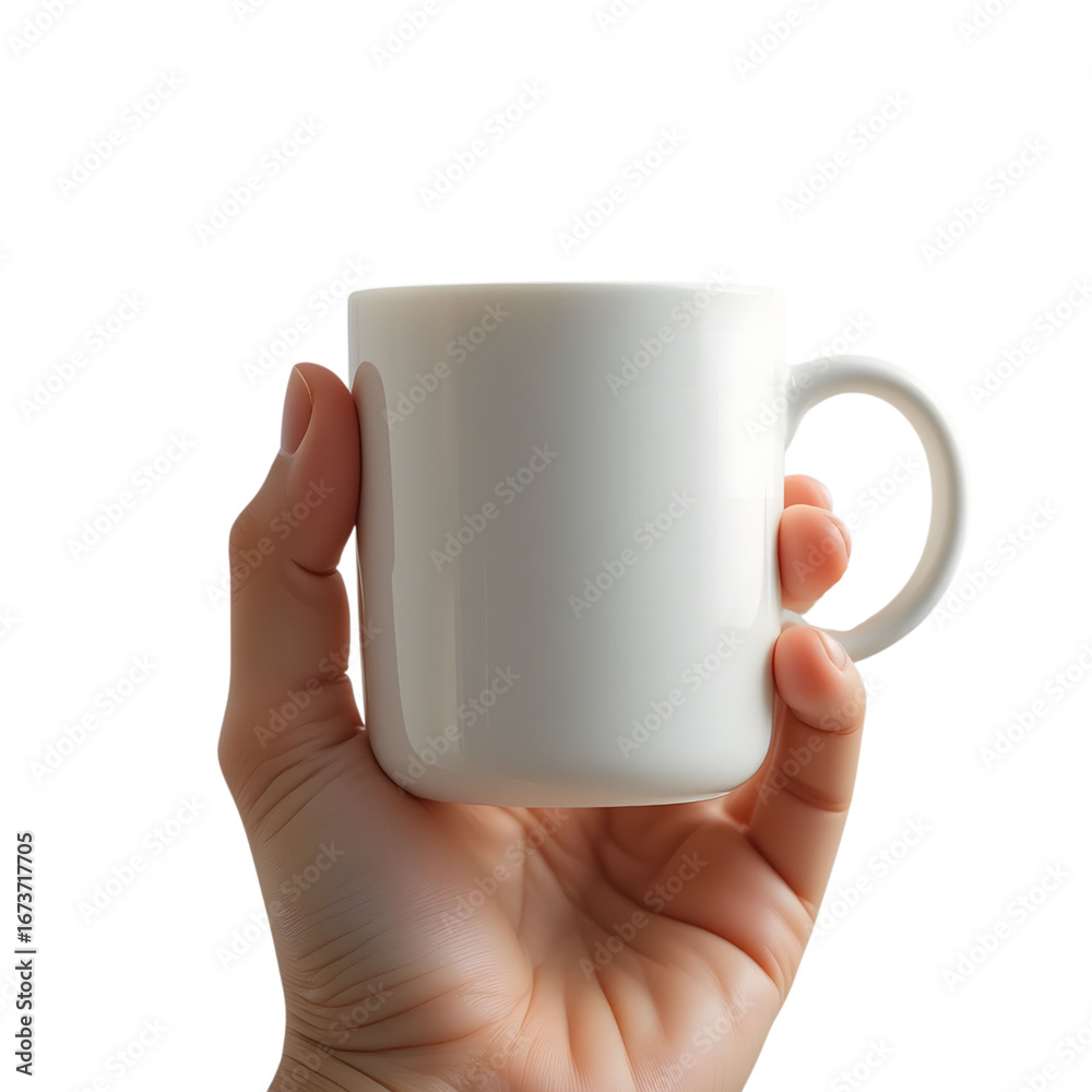 Obraz premium Realistic human hand holding a plain white ceramic coffee mug, on transparent background,professional product mockup style