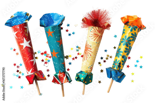 Festive party poppers adorned with stars and colorful patterns ready to celebrate New Year's Eve with joy and excitement isolated on transparent background