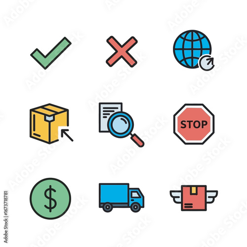 Ecommerce icons depict logistics actions online context flat design