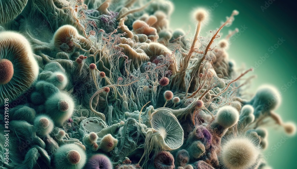 Obraz premium Mold fungi under microscope with intricate textures, generative ai illustration