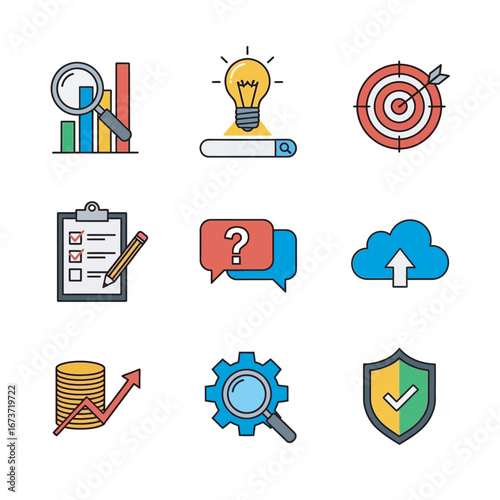 Business icons analyze trends for solutions online applications security