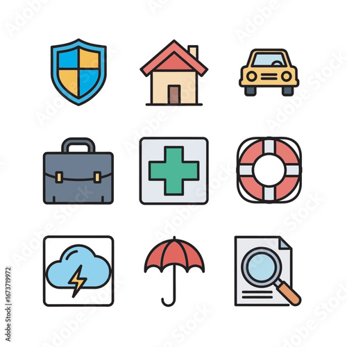 Insurance icons protect assets during unexpected events vector grid