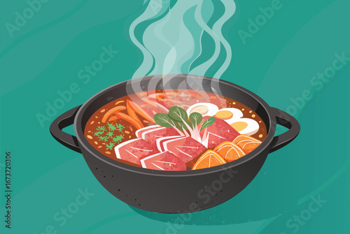 A steaming, bubbling Japanese shabu shabu hot pot, tender meats, vibrant vegetables, glowing steam, intimate dining, delicious, healthy, comforting, traditional.