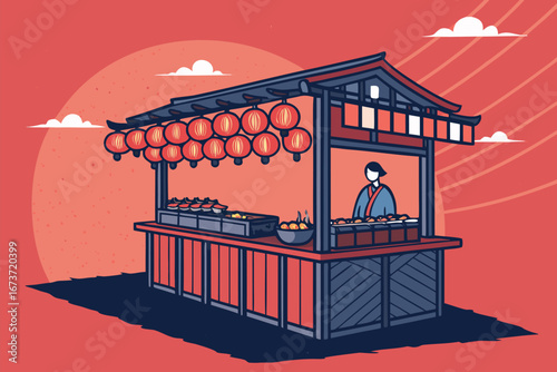 Captivating Japanese festival food stall, vibrant glowing lanterns illuminating delicious street food, bustling atmosphere, cultural celebration, illuminated night scene, vivid colors.