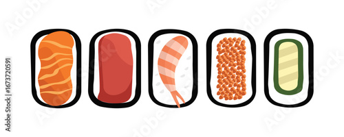 Sushi rolls illustration. Sashimi illustration. Asian food. Asian cuisine. Nori maki. Seaweed sushi. Salmon topping. Nigiri sushi.