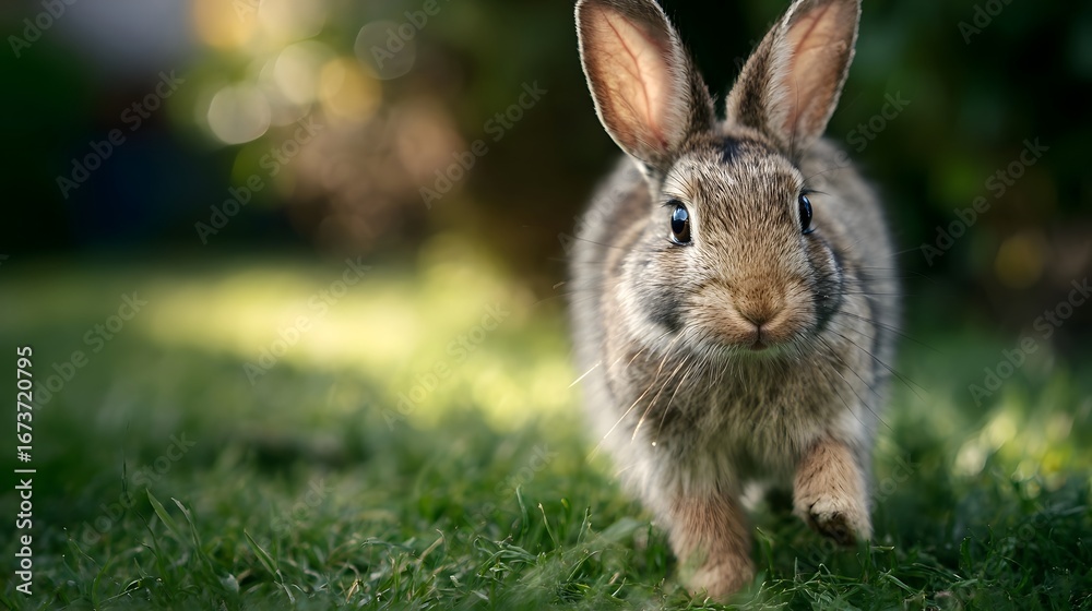 Fototapeta premium Curious rabbit hopping on lush green grass in natural sunlight