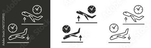 flat and linear set icons, aircraft departure time icon, aircraft arrival time, plane take off, time to travel, plane landing, image, simple symbols on white and black background - vector illustration