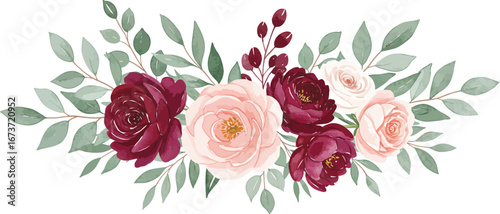Watercolor floral arrangement with burgundy and blush pink roses and sage green leaves.